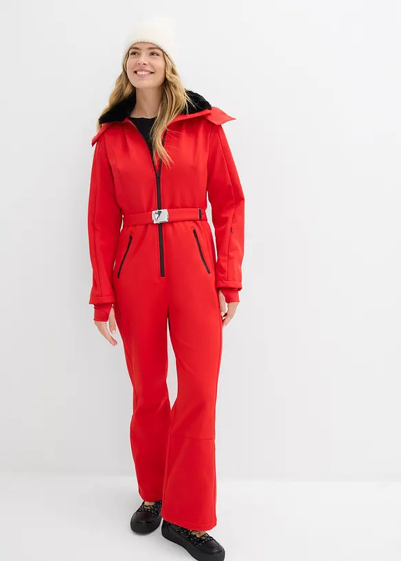 wasserabweisender, warmgefütterter Softshell-Skianzug in rot von vorne (Totalaufnahme) - bonprix