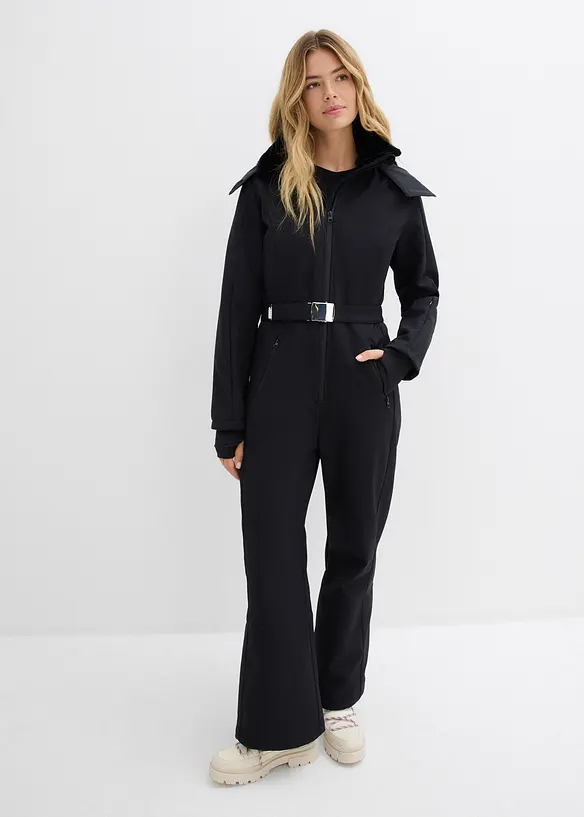 wasserabweisender, warmgefütterter Softshell-Skianzug in schwarz von vorne (Totalaufnahme) - bonprix