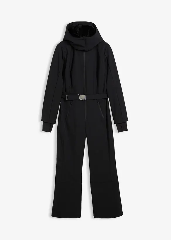 wasserabweisender, warmgefütterter Softshell-Skianzug in schwarz von vorne - bonprix