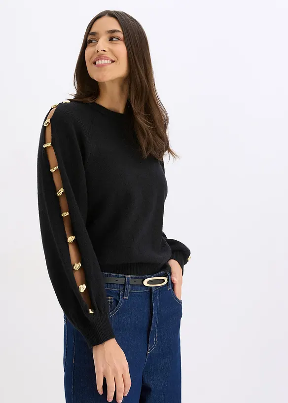 Pullover mit Metall-Perlen in schwarz von vorne (im Anschnitt) - bonprix