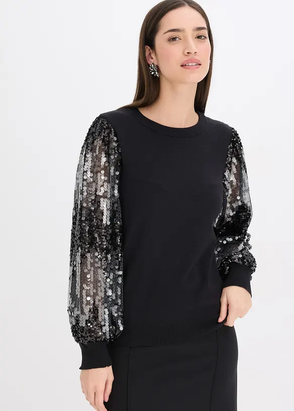 Feinstrickpullover mit Pailletten-Ärmeln in schwarz von vorne (im Anschnitt) - bonprix Feinstrickpullover mit Pailletten-Ärmeln in schwarz von vorne (im Anschnitt) - bonprix