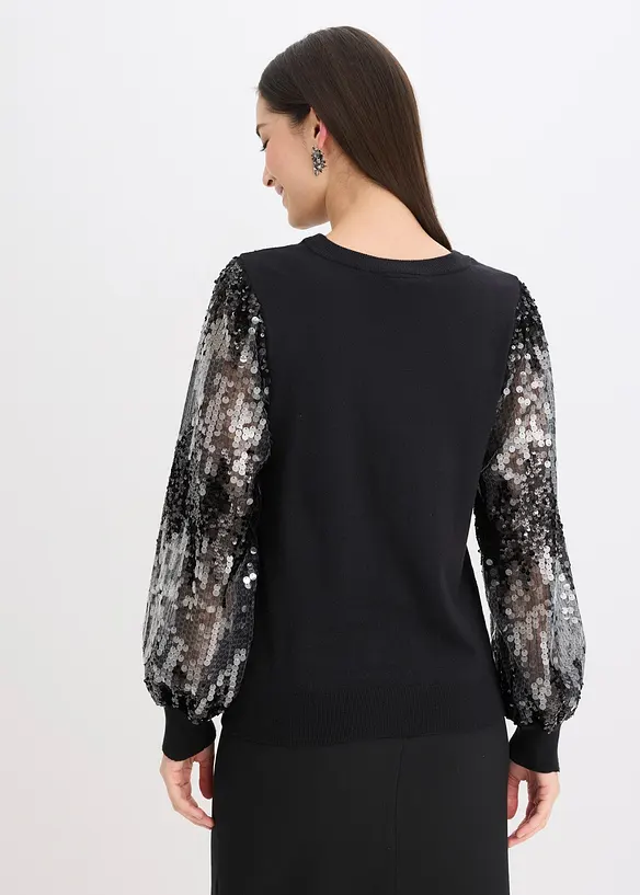 Feinstrickpullover mit Pailletten-Ärmeln in schwarz von hinten (im Anschnitt) - bonprix Feinstrickpullover mit Pailletten-Ärmeln in schwarz von hinten (im Anschnitt) - bonprix
