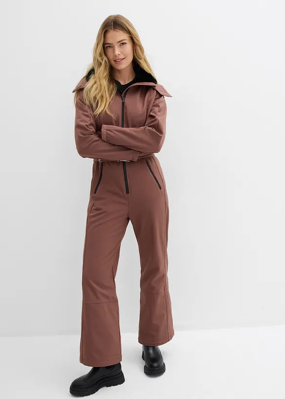 wasserabweisender, warmgefütterter Softshell-Skianzug in braun von vorne (Totalaufnahme) - bonprix