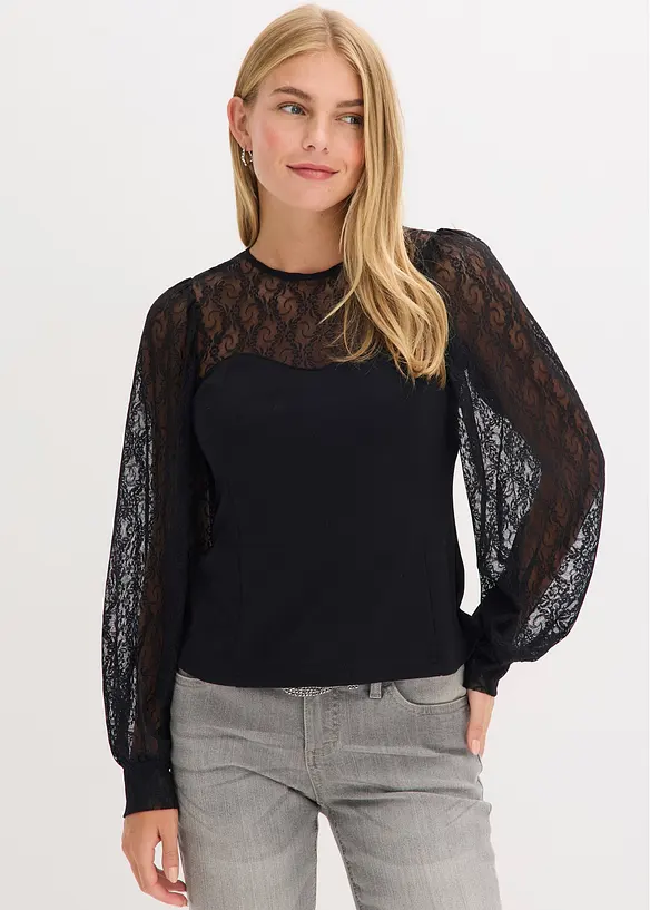 Langarmshirt mit Spitze in schwarz von vorne (im Anschnitt) - bonprix
