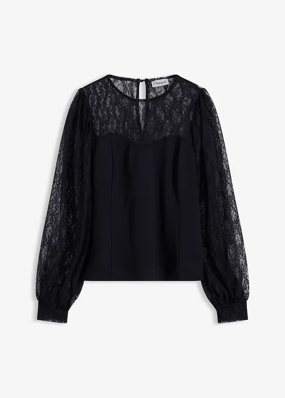 Langarmshirt mit Spitze in schwarz von vorne - bonprix