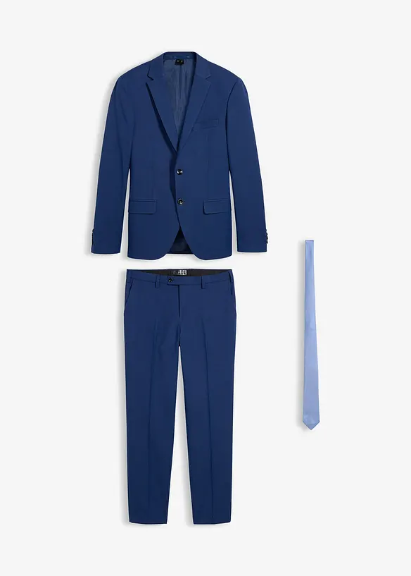 Anzug mit Krawatte in Slim Fit (3-tlg.Set) in blau von vorne - bonprix