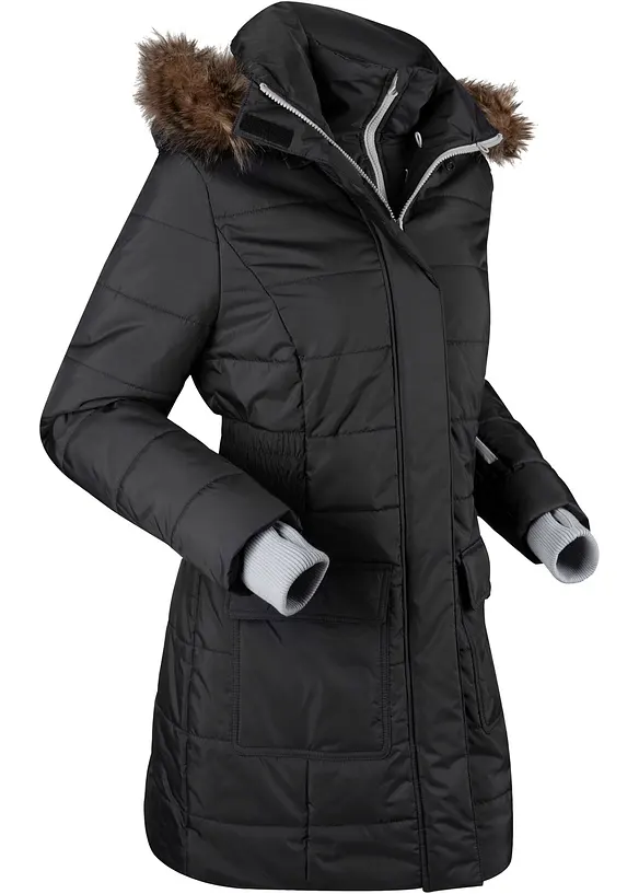 wasserabweisende Funktions-Longjacke in 2-in-1-Optik, gesteppt in schwarz von der Seite - bonprix