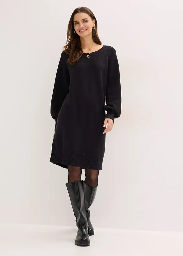 Kurzes Strickkleid mit Pufferärmeln in schwarz von vorne (Totalaufnahme) - bonprix