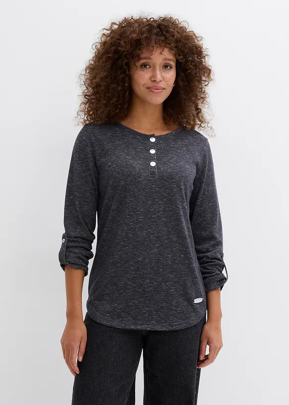 Langarmshirt mit Knopfleiste aus Baumwoll-Mix in grau von vorne (im Anschnitt) - bonprix