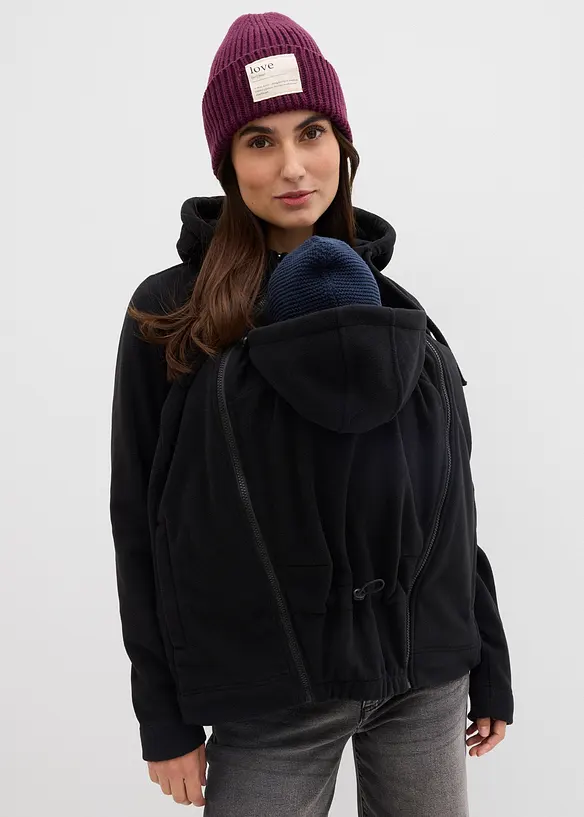 4-in-1 Fleecejacke mit Babyeinsatz und Vorder- und Rückentragefunktion in schwarz von vorne (im Anschnitt) - bonprix