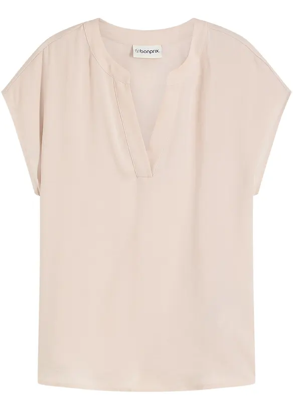 Lockere Satin-Kurzarmtunika mit überschnittenen Schultern in gold von vorne - bonprix