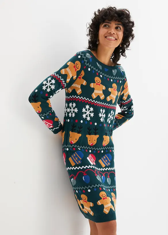 Weihnachts-Strickkleid in grün von vorne (Totalaufnahme) - bonprix Weihnachts-Strickkleid in grün von vorne (Totalaufnahme) - bonprix