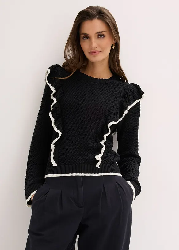 Feinstrickpullover aus Baumwoll-Mix in schwarz von vorne (im Anschnitt) - bonprix