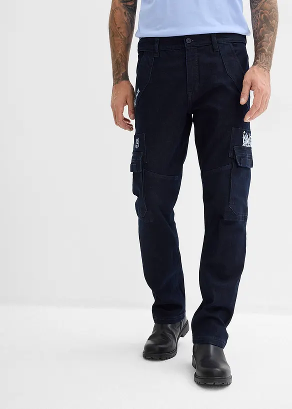 Relaxed Fit Cargo-Stretch-Jeans mit Bequembund, Straight in blau von vorne - bonprix