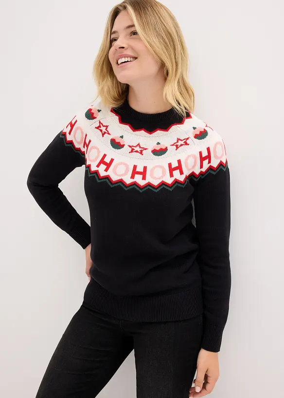 Pullover mit Weihnachtsmotiv in schwarz von vorne (im Anschnitt) - bonprix Pullover mit Weihnachtsmotiv in schwarz von vorne (im Anschnitt) - bonprix