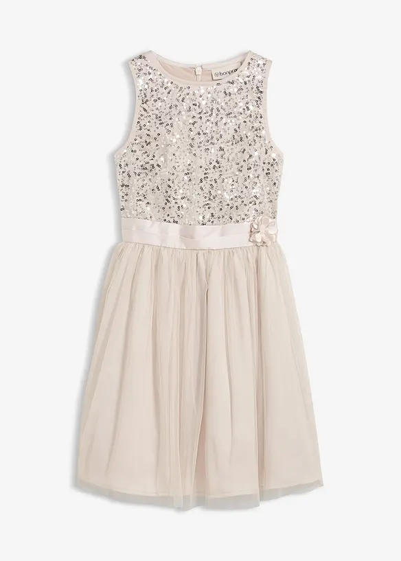 Kleid mit Satinband und großer Applikation in silber von vorne - bonprix Kleid mit Satinband und großer Applikation in silber von vorne - bonprix