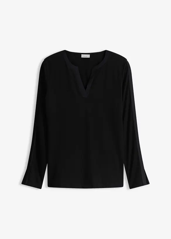 Langarmshirt mit Satinbesatz in schwarz von vorne - bonprix Langarmshirt mit Satinbesatz in schwarz von vorne - bonprix