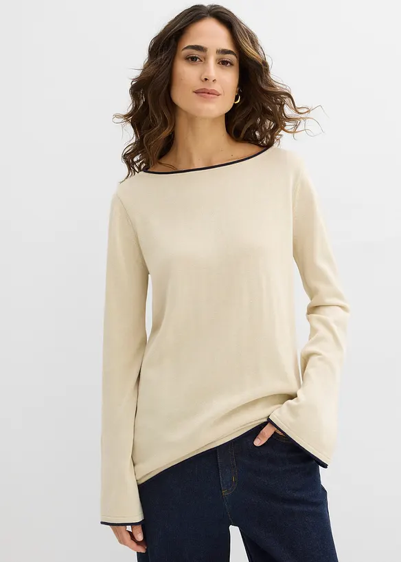 Feinstrickpullover aus Baumwollmix in beige von vorne (im Anschnitt) - bonprix Feinstrickpullover aus Baumwollmix in beige von vorne (im Anschnitt) - bonprix