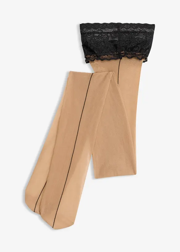Halterlose Strümpfe mit Spitze 20 DEN in beige von vorne - bonprix