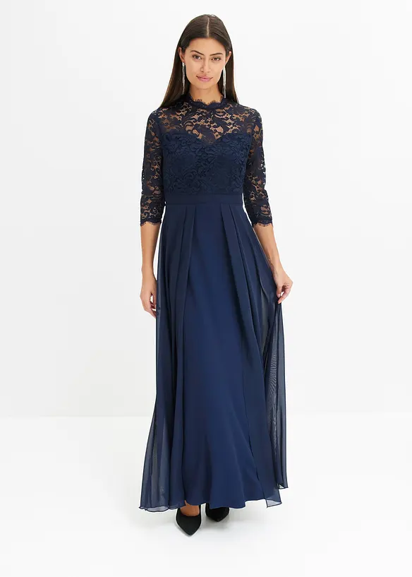Maxikleid mit Spitze in blau von vorne (Totalaufnahme) - bonprix