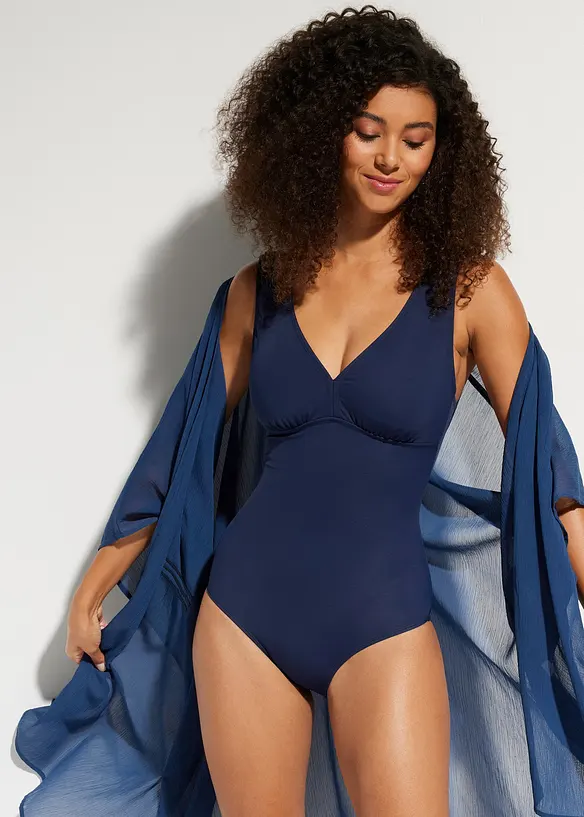 Medium Shape-Badeanzug mit V-Ausschnitt in blau von vorne (Totalaufnahme) - bonprix
