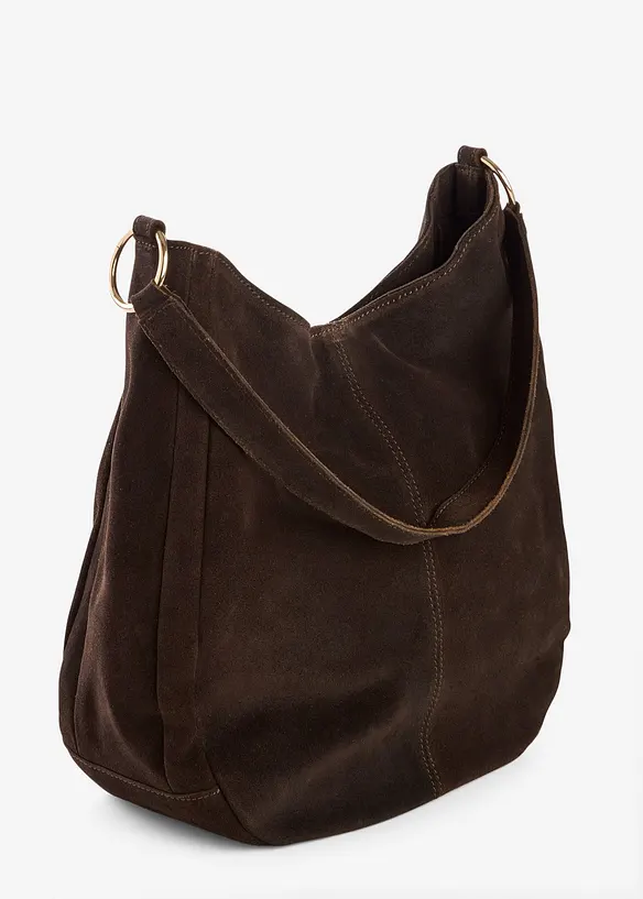 Veloursledertasche mit dekorativem Zusatzriemen in braun von hinten - bonprix