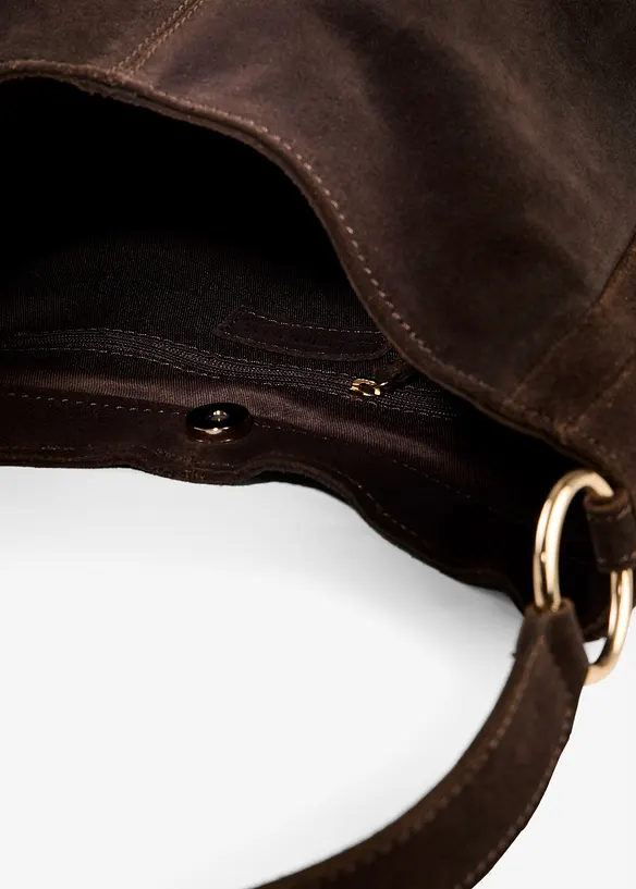 Veloursledertasche mit dekorativem Zusatzriemen in braun geöffnet - bonprix