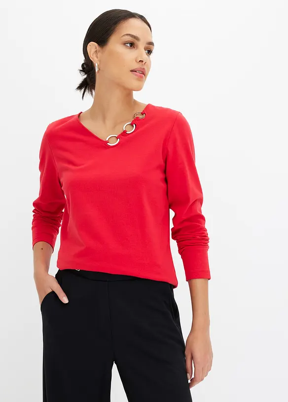 Langarmshirt mit Ösen in rot von vorne (im Anschnitt) - bonprix