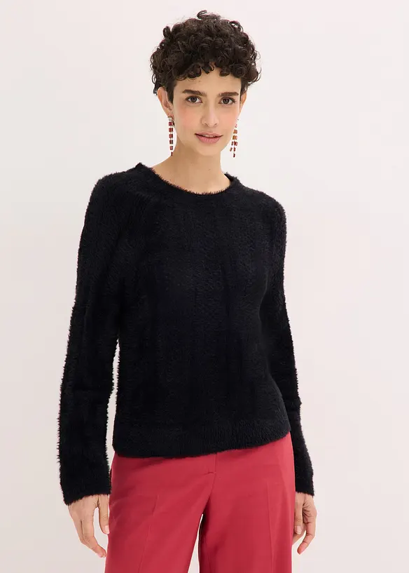 Ajour-Pullover mit Federgarn in schwarz von vorne (im Anschnitt) - bonprix Ajour-Pullover mit Federgarn in schwarz von vorne (im Anschnitt) - bonprix