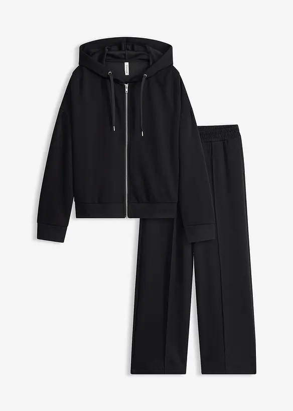 Loungewear Hausanzug aus Scuba mit verkürztem Oberteil in schwarz von vorne - bonprix