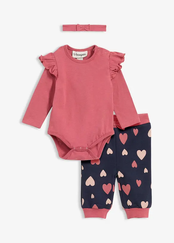 Baby Set aus Body, Hose und Stirnband aus Bio-Baumwolle (3-tlg.Set) in lila von vorne - bonprix