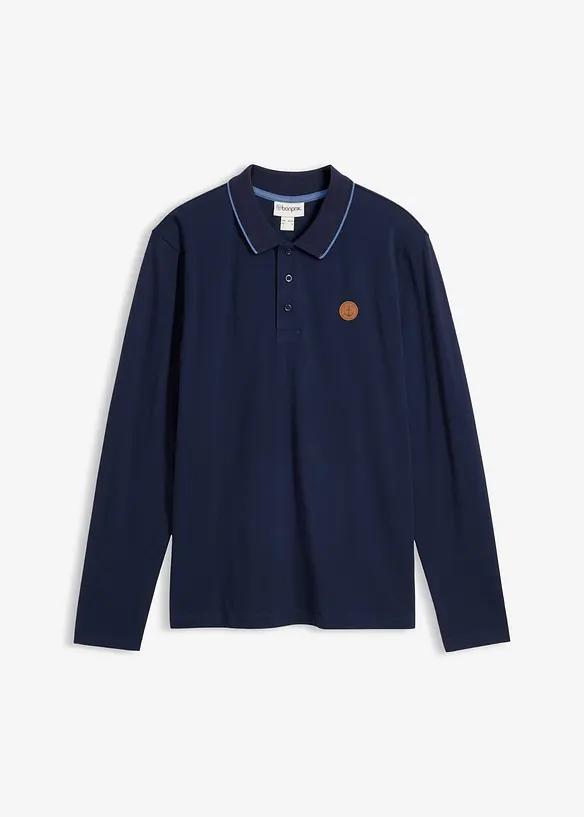 Langarm-Poloshirt aus reiner Bio-Baumwolle in blau von vorne - bonprix