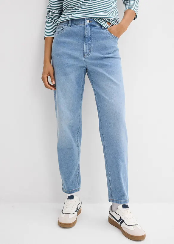 Mom-Jeans High Waist, cropped in blau von vorne - bonprix
