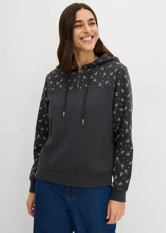 Kapuzensweatshirt mit Reißverschluss aus reiner Baumwolle in grau von vorne (im Anschnitt) - bonprix