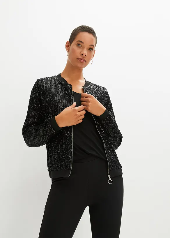 Pailletten-Blouson in schwarz von vorne (im Anschnitt) - bonprix Pailletten-Blouson in schwarz von vorne (im Anschnitt) - bonprix