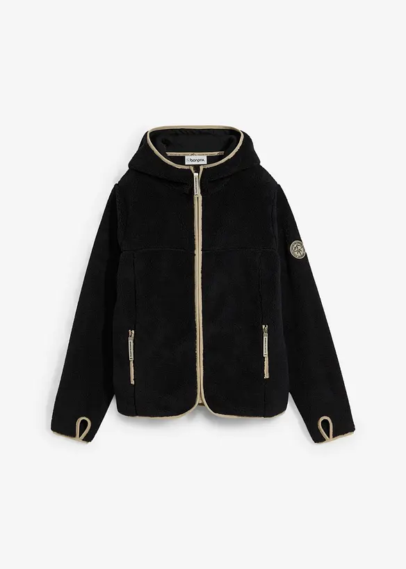 Teddy-Fleece Jacke mit Kapuze in schwarz von vorne - bonprix