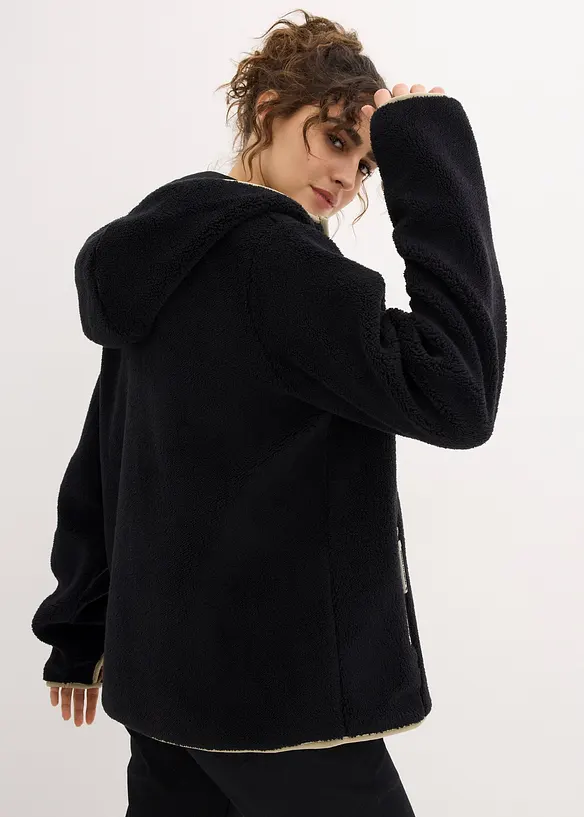 Teddy-Fleece Jacke mit Kapuze in schwarz von hinten (im Anschnitt) - bonprix