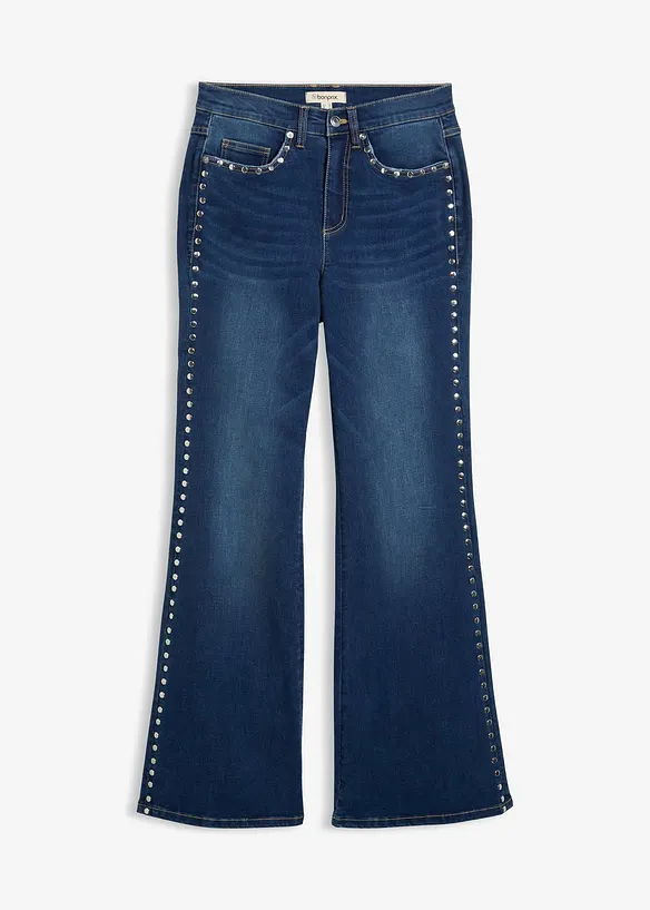 Flared-Jeans High Waist mit Nietenbesatz in blau von vorne - bonprix