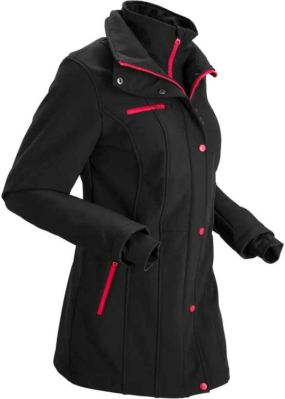 wasserabweisende Stretch-Softshell-Longjacke in schwarz von der Seite - bonprix