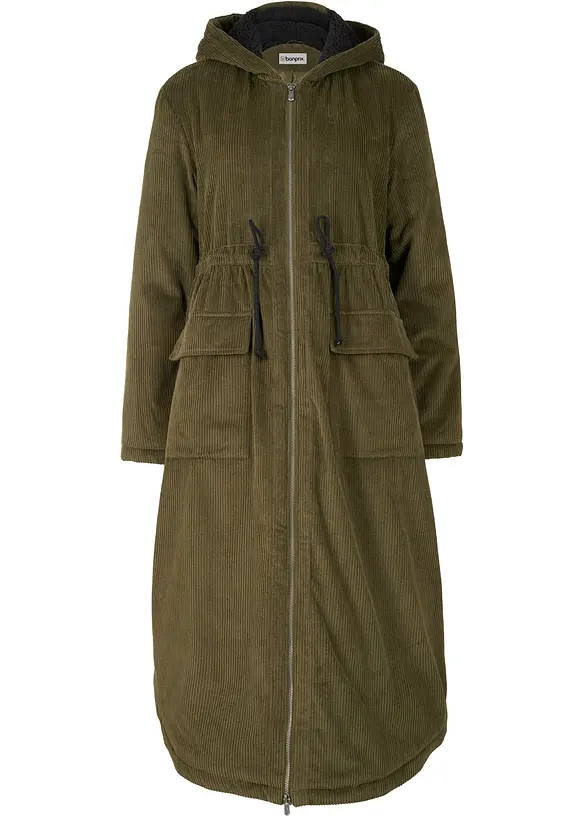 Cord-Mantel mit Teddy-Fleece Kapuze aus reiner Baumwolle in grün von vorne - bonprix