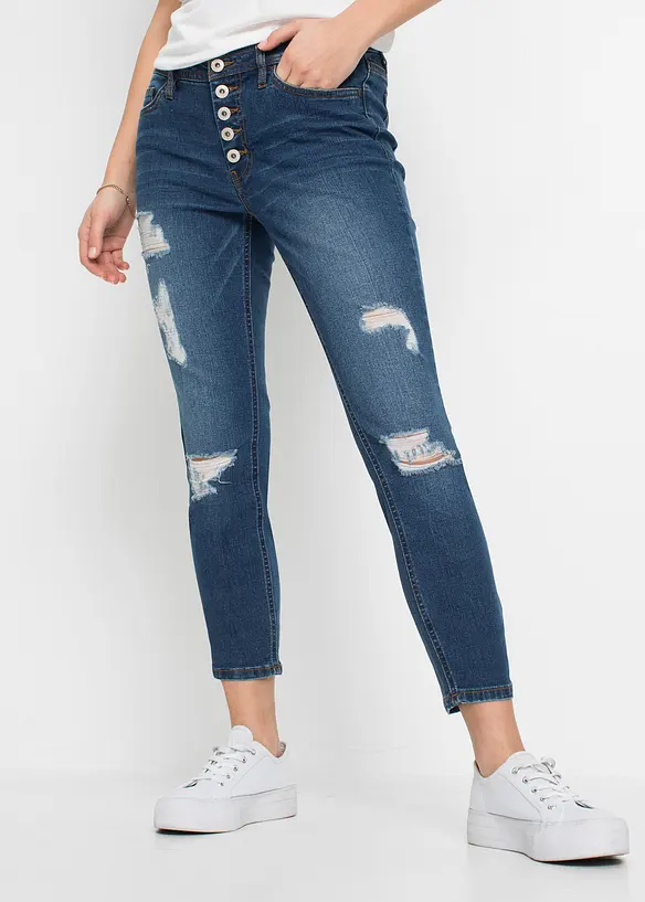 Skinny-Jeans, Mid Waist, Destroyed in blau von vorne - bonprix