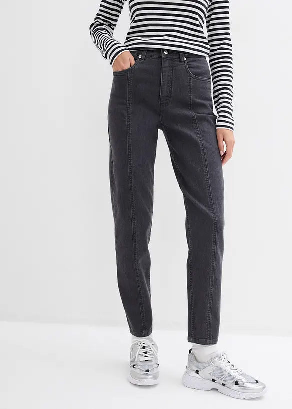 Mom-Jeans High Waist, Stretch in grau von vorne - bonprix Mom-Jeans High Waist, Stretch in grau von vorne - bonprix