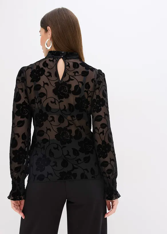 transparentes Langarmshirt mit Flockprint in schwarz von hinten (im Anschnitt) - bonprix
