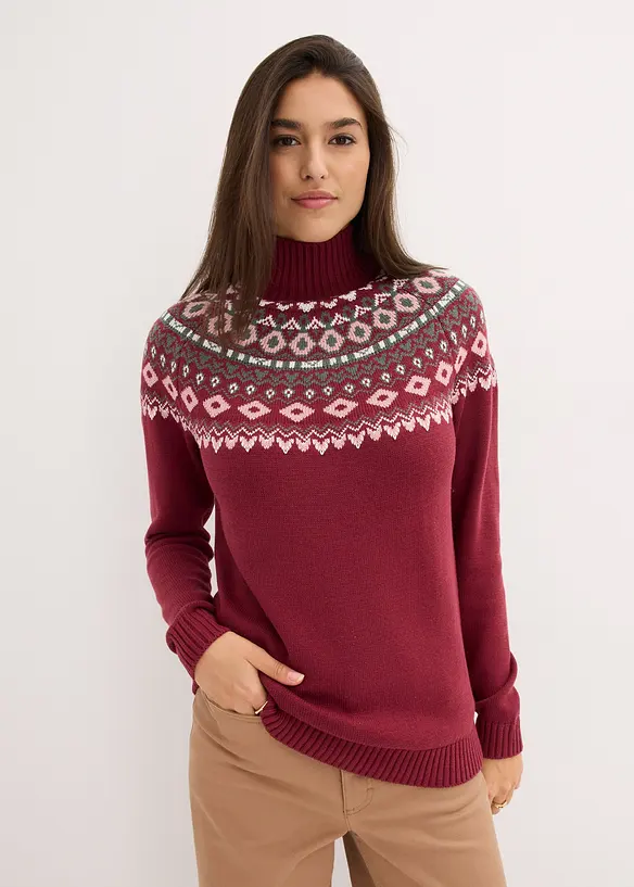 Norweger-Rollkragenpullover aus Baumwoll-Mix in rot von vorne (im Anschnitt) - bonprix Norweger-Rollkragenpullover aus Baumwoll-Mix in rot von vorne (im Anschnitt) - bonprix