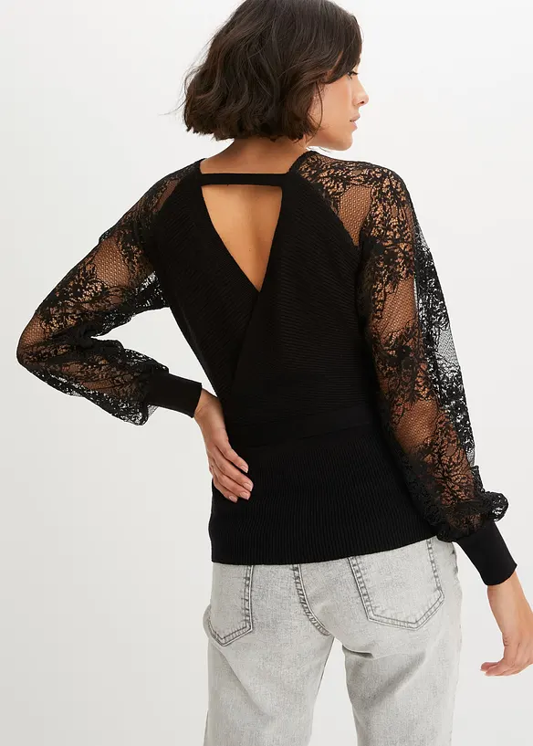Feinstrickpullover mit Spitze in schwarz von hinten (im Anschnitt) - bonprix