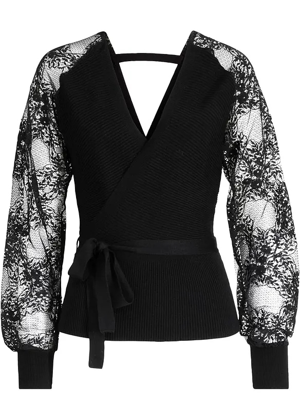 Feinstrickpullover mit Spitze in schwarz von vorne - bonprix