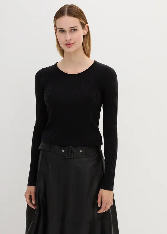 Rippenpullover aus Merinowolle in schwarz von vorne (im Anschnitt) - bonprix