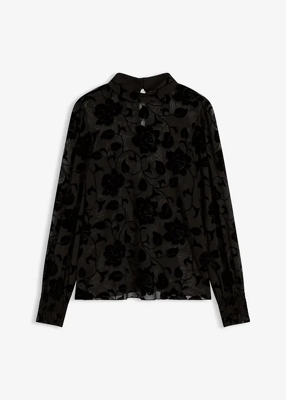 transparentes Langarmshirt mit Flockprint in schwarz von vorne - bonprix
