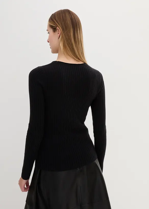Rippenpullover aus Merinowolle in schwarz von hinten (im Anschnitt) - bonprix