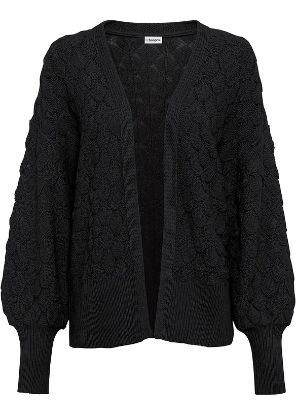 Ajour-Strickjacke mit Pufferärmel in schwarz von vorne - bonprix Ajour-Strickjacke mit Pufferärmel in schwarz von vorne - bonprix
